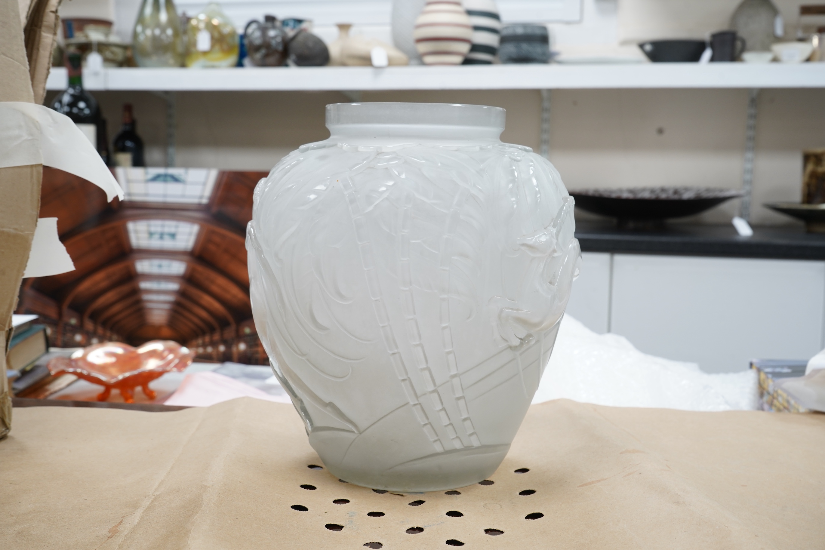 An Etling French frosted glass vase, ‘the huntress’ 29cm high